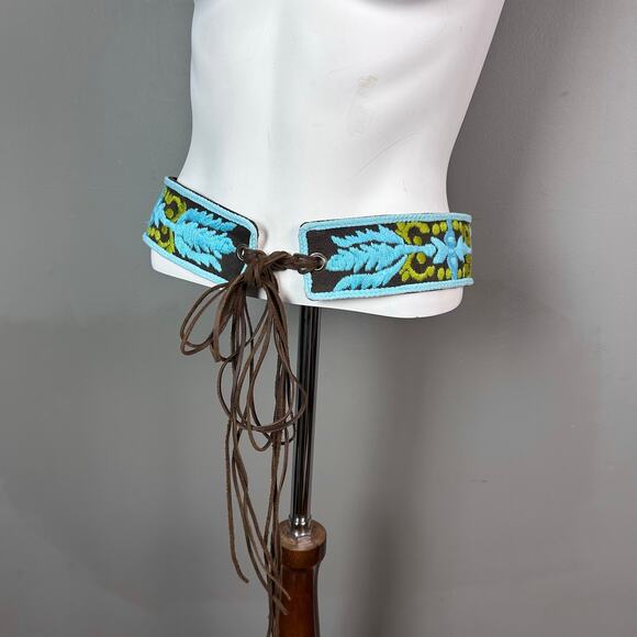 Tory Burch woven belt all over embroidery fringe tie boho hippie vintage 70s